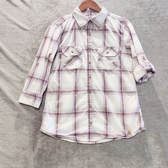 Carhartt Womens White Purple Plaid 3/4 Sleeve Button Up Size Medium Western Work - Picture 1 of 13